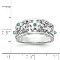 Čvrsti 14K bijeli zlatni simulirani CZ i smaragdni cvjetni prsten