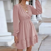 Ženska casual haljina - modni temperament V izrez čvrste dvostruke ruff manke rukav slim haljina ružičasta