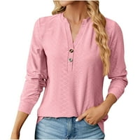 Sinimoko Womens V izrez jesene košulje dugih rukava gumb za gumbe Dame, majica u boji ružičaste m