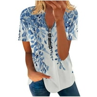 Penskaiy ženska modna labava udobnost V-izrez Zip Ispis kratkih rukava Top bluza plus veličine majica
