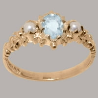 Britanska napravljena 14k Rose Gold Prirodni akvamarin i kultivirani biserni ženski prsten - Veličine