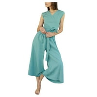 Tobchonp pamučna posteljina žensko odijelo Solidana boja V-izrez Ženska odjeća široke noge Loather gaće