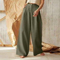 Wendunide ženske hlače dame solidne boje visoki struk casual gumb pamučne posteljine široke noge hlače