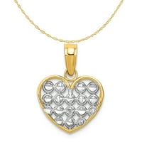 14K dvotonski zlatni rodijumski dijamantski šarm za rezanje srca sa 10k žutom zlatnom laganom lancu