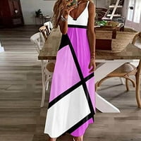 Puawkoer žene Ljeto casual bez rukava V izrez Duga geometrijska boja Podudaranje ručica haljina haljina
