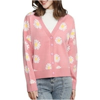 Ženska cvjetna tipka s dugim rukavima s dugim rukavima dolje dolje s dolje kardanski džemper ružičasta