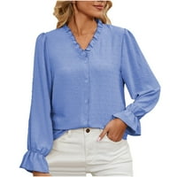 Binmer majice s dugim rukavima za žene plus veličine dugih rukava za žene rufffle V-izrez pune boje
