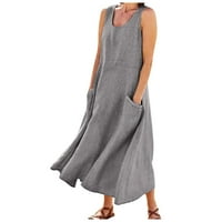 Sendresses za žene Ženska modna casual Solid Boja bez rukava pamučna posteljina Džepna haljina siva
