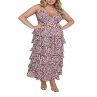 Biekopu Žene Ljeto duga haljina, cvjetni ispis V-izrez Tire ruffles Cami haljina bez rukava za casual