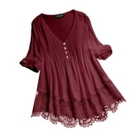 Ljetne casualske majice izdubljene labave V izrez dugih rukava od punog boja za žene crvene 5xl