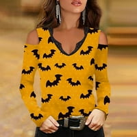 Ženska modna casual za Halloween Tiskanje s dugim rukavima V-izrez na rame za curenje čipke T-majica