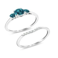 Gem Stone King 10k Bijelo zlato London Blue Topaz i Bijela laboratorija uzgojili dijamant 3-kameni svadbeni angažman vjenčani prsten za žene