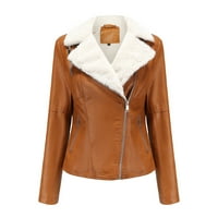 Ženska kožna jakna - topla dugi rukav jakna Slim Winter Parkas Fau kožni kaputi bez kapika Khaki M