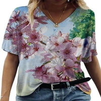 Voguele žene TEE V izrez majica Cvjetni print T Majica Work Ljetni vrhovi Ležerne bluza tunika Lotus