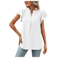 Ženska labava fit bluza casual v izrez šifon ruffle tops flounce rukave švicarske točke majice bijeli