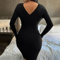 Haljine s dugim rukavima za žene Solid Sexy V izrez Wrap Midi haljina pada štednja crna crna crna crna