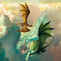 Leteći zmajevi u oblacima kružeći kameni toranj Ciruelo Fantasy Painting Green Red Dragon Gustavo Cabral