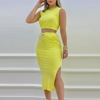 Ljetne haljine za žene odijelo susjed setovi ljetne čvrste boje za slobodno vrijeme struk struka struka modnog casual dvodijelnog odijela 34-žuti m