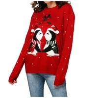 Ženski božićni slatki mali pingvinski uzorak džemper sa rubnim zgužvanim džemperima za žene pulover
