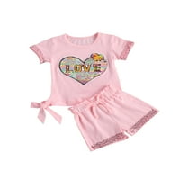 LICUPIEE TODDLER Baby Girl Summer Outfit Odjeća SRCE SQUINS Pocket Pletene kratkih rukava + kratke hlače