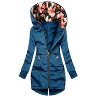 Ediodpoh Ženska modna cvjetna jakna sa zatvaračem Zipper džepni dugi rukav kaput Navy_ l