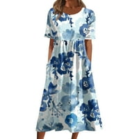 Ženska klirenska cvjetna posada kratkih rukava A-line haljine casual haljine dužine gležnja, plava,