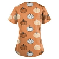 SKSLOEEg piling vrhovi žene Halloween Halloween skelet od bundeve grafike s kratkim rukavima V izrez Vrući pamučne košulje rastezanje V-izreznog pilinga s džepovima, svijetlo smeđa 2xl
