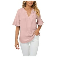 Žene vrhovi Ljetni casual ruffle s kratkim rukavima V-izrez labav bluza ružičasta m