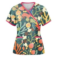 Ženske vrhove bluza cvjetna kratka rukavska radna odjeća dame moda V-izrez ljetna vojska zelene s