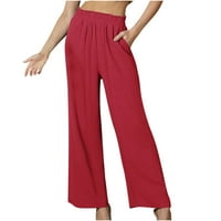 Žene casual pantalone ravno noga elastična visoka struka labave udobne pantalone s džepovima crvene