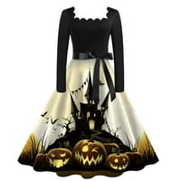 Ženski povremeni modni kvadratni vrat dugih rukava Halloween tiskane vintage haljine