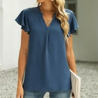 Košulje za žene Modne labave teže s kratkim rukavima V-izrez bluza Čvrsti povremene majice, plava, s