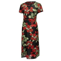 Clearsance Ljetne haljine za žene kratki rukav tiskani povremeni dužina gležnja A-line okrugle dekolte dress crvena l