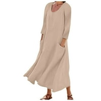 BDFZL haljine za ženske trendove dugih rukava Boja pamučna posteljina okrugla Džepna haljina Khaki M