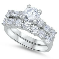 Okrugli pasijans Clear CZ Set za vjenčani prsten. Sterling srebrna pojas bijeli nakit ženski veličine