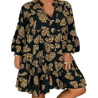 Paille Ženske kratke haljine cvjetne print Mini haljine Ležerne prilike s dugim rukavima, Crni Leopard