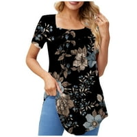 Ženski bluze Ženska modna casual kvadratna vrata cvjetno tiska majica kratkih rukava Top Black S