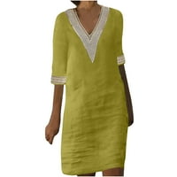 Ljetne haljine za žene plus veličine kratkih rukava, puni košulja s punim bojama V-izrez Midi fit i
