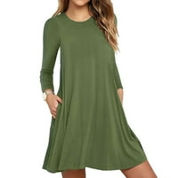 Ljetne haljine za žene dugih rukava okrugla dekolte za sunčanje, čvrsta sa džepom zelena 4xl