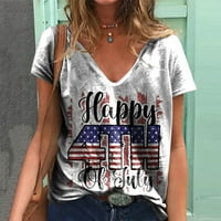 Ženski ljetni vrhovi Ležerni modni kratki rukav V rect majica na majici narezinu američku zastavu Print