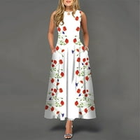Ženske haljine cvjetni okrugli dekolte A-line srednje dužine modne ljetne haljine bez rukava bijeli