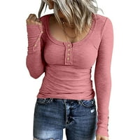 Ženske vrhove scoop vrat casual bluza Čvrsti ženske majice dugih rukava modna ružičasta xl