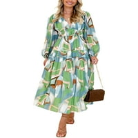 Ženska boemska cvjetna haljina V izrez dugih rukava s dugim rukavima visoka struka za odmor na plaži