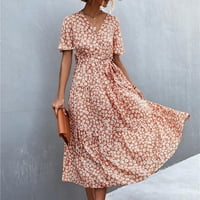 Clearce Summer Haljine za žene kratki rukav cvjetni ležerni sablja s okretnim haljinama V-izrez narančasta