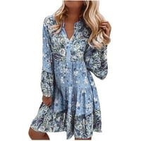 WAVSUF haljine za žene plus veličine tiskane cvjetne dugih rukava Maxi Ljeto i jesen plava haljina veličine