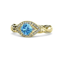 BLUE Topaz & Diamond Arc zaručni prsten 1. CT TW u 14K žutom zlatu.Size 6