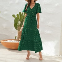 Proljetne haljine za žene V izrez čvrste ispis kratkih rukava mini haljina zelena m