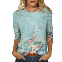 Tagold Womenska modna tiskana majica Srednja rukava rukava okrugla izrez casual vrhovi svijetlo plava