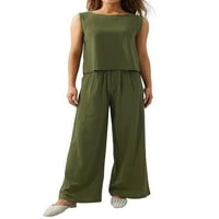 Merqwadd ženske ljetne casual posteljine odjeće okrugle vrat gornje širine noge duge hlače