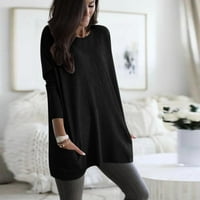 Crna haljina bluza Žene čvrste tople dugih rukava s dugim rukavima Labavi džep dnevni pulover vrhovi